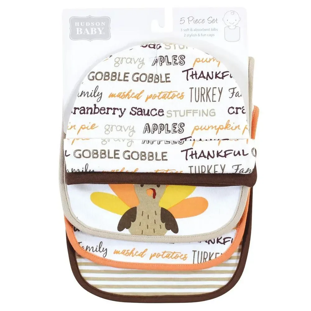 Hudson Baby Cotton Bib and Headband or Caps Set Little Turkey One Size New